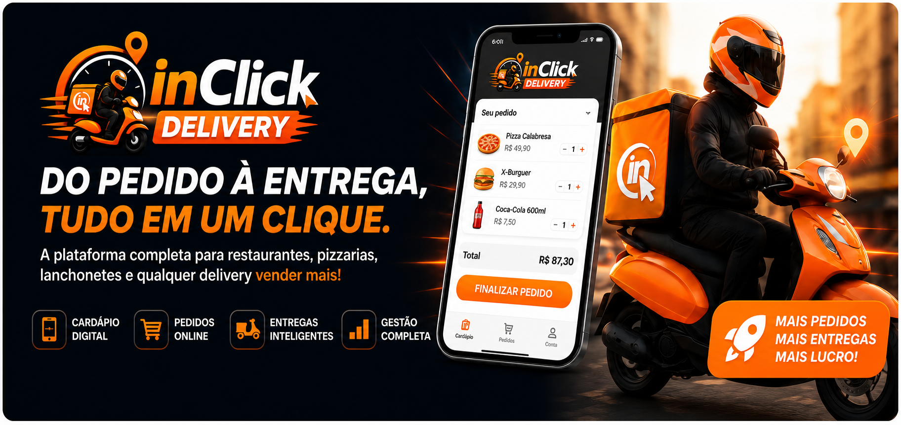 inClick Delivery no celular e entregador realizando pedidos